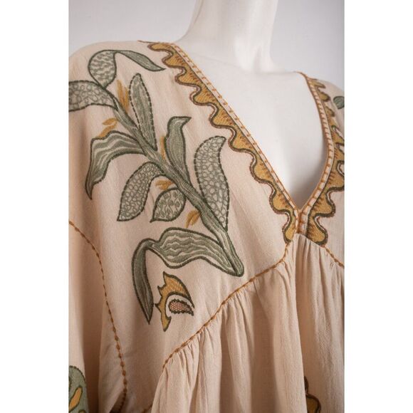Zara Womens Mini Dress Kaftan M Beige Embroidered Linen Blend 5107/055 NWT - Picture 4 of 7
